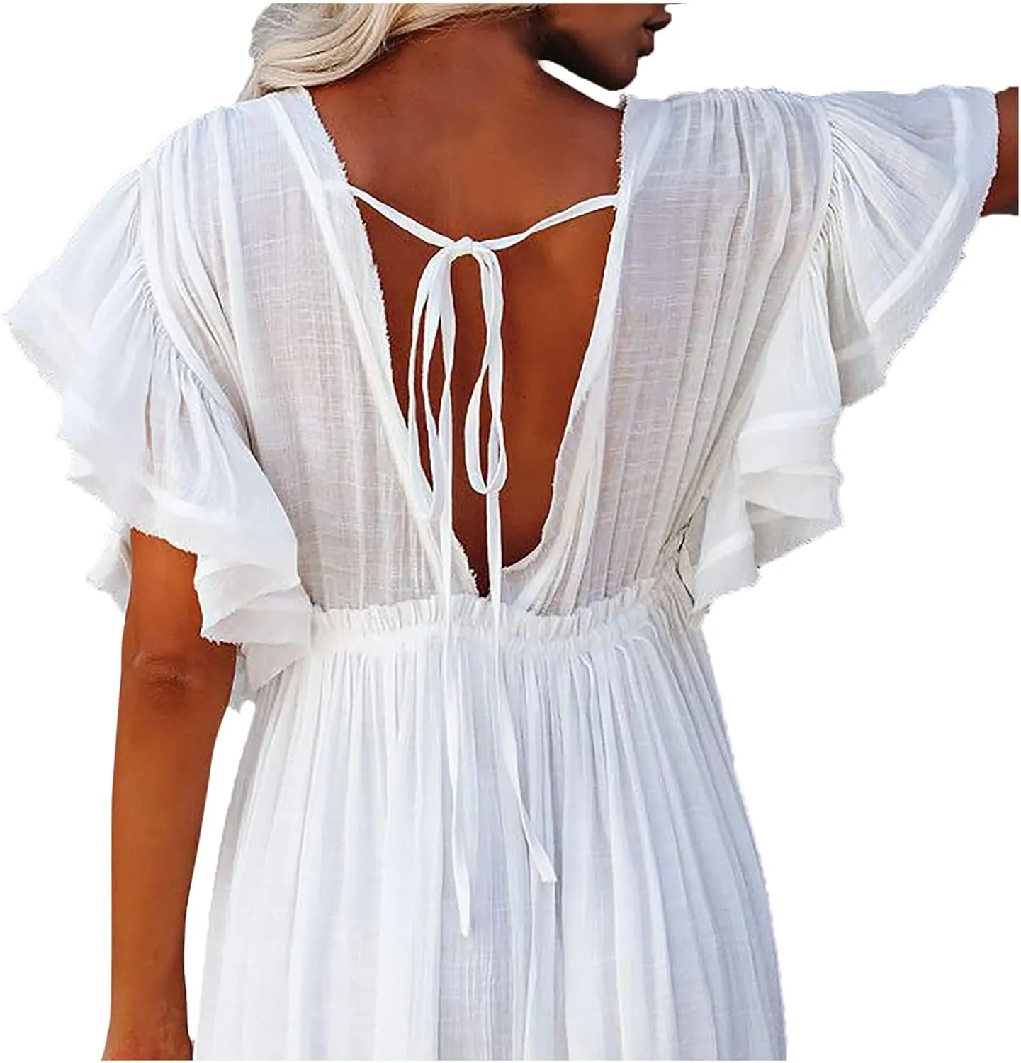 HGps8w Women's Deep V Neck Ruffle Sleeve Button Down Maxi Dresses Elastic Tie Waist Plain Beach Swimwear Coverup