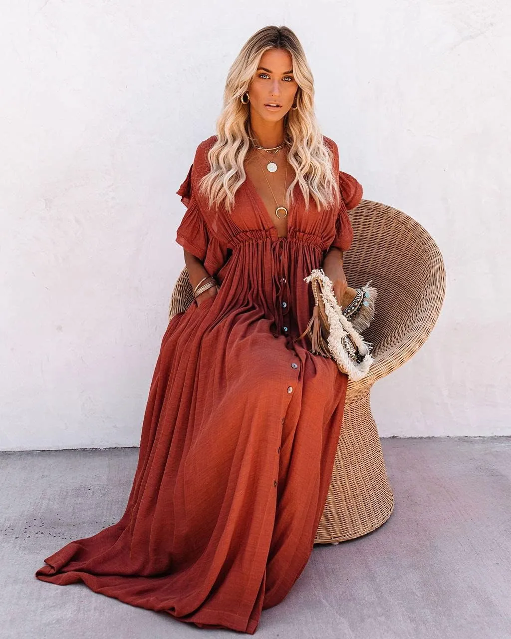 HGps8w Women's Deep V Neck Ruffle Sleeve Button Down Maxi Dresses Elastic Tie Waist Plain Beach Swimwear Coverup