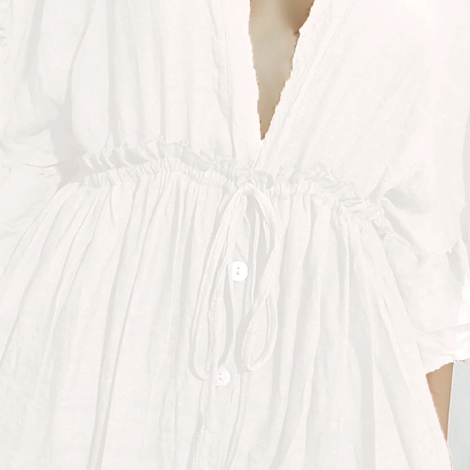 HGps8w Women's Deep V Neck Ruffle Sleeve Button Down Maxi Dresses Elastic Tie Waist Plain Beach Swimwear Coverup