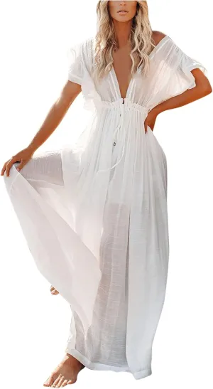 HGps8w Women's Deep V Neck Ruffle Sleeve Button Down Maxi Dresses Elastic Tie Waist Plain Beach Swimwear Coverup