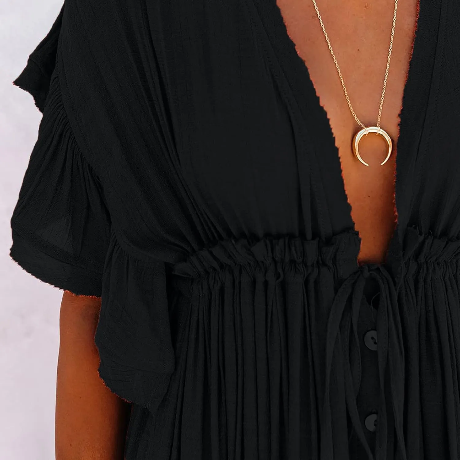 HGps8w Women's Deep V Neck Ruffle Sleeve Button Down Maxi Dresses Elastic Tie Waist Plain Beach Swimwear Coverup