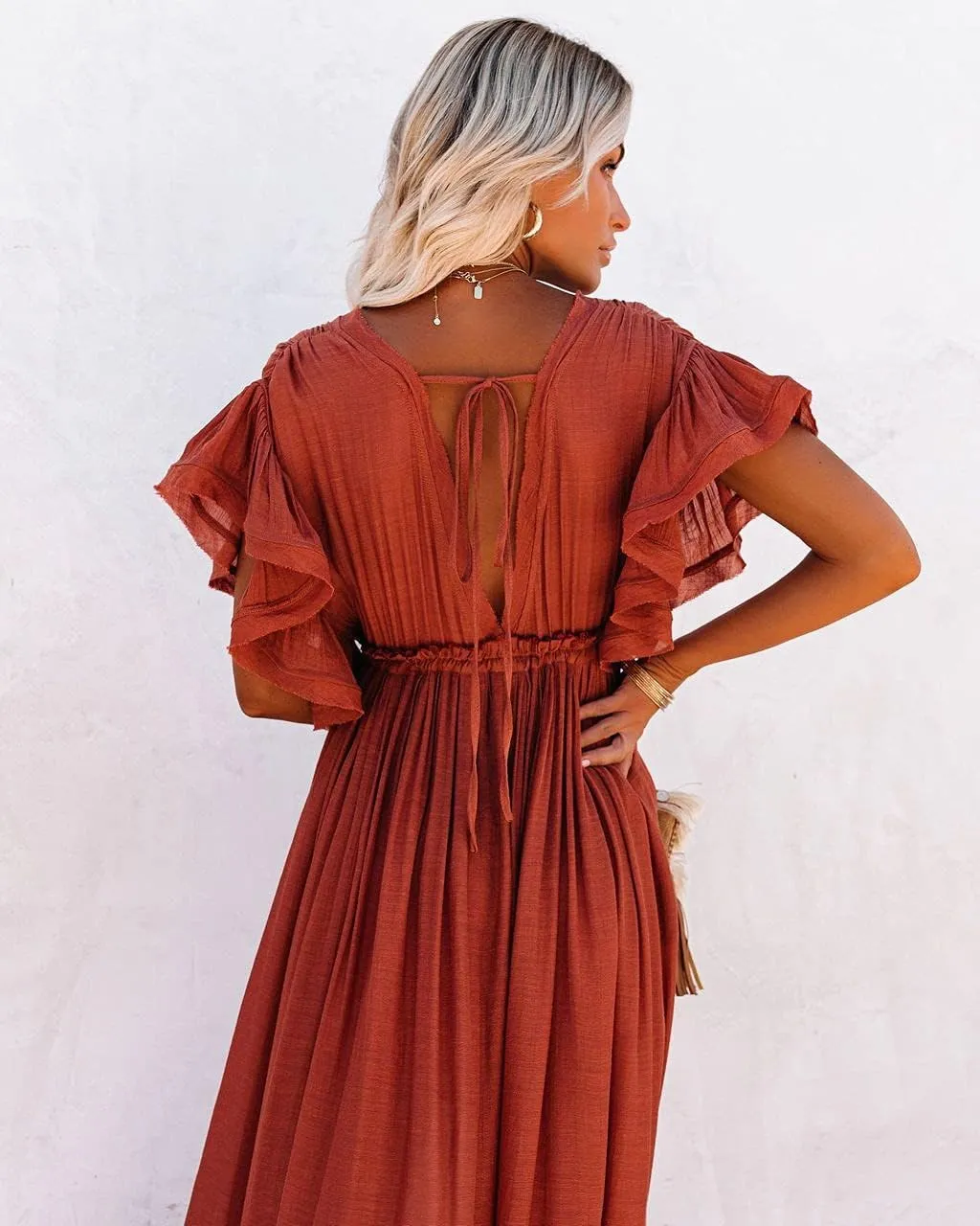 HGps8w Women's Deep V Neck Ruffle Sleeve Button Down Maxi Dresses Elastic Tie Waist Plain Beach Swimwear Coverup
