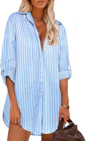 HOTOUCH Women Boyfriend Shirts Button Down Long Sleeve Blouse Cuffed Sleeve Collared Shirt