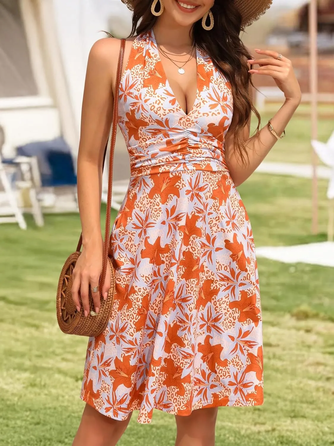 HUHOT Women's Summer Sundress Sleeveless Halter Neck Spring 2025 Floral with Pocket Elastic Waist Ruffle Mini Dresses