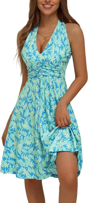 HUHOT Women's Summer Sundress Sleeveless Halter Neck Spring 2025 Floral with Pocket Elastic Waist Ruffle Mini Dresses