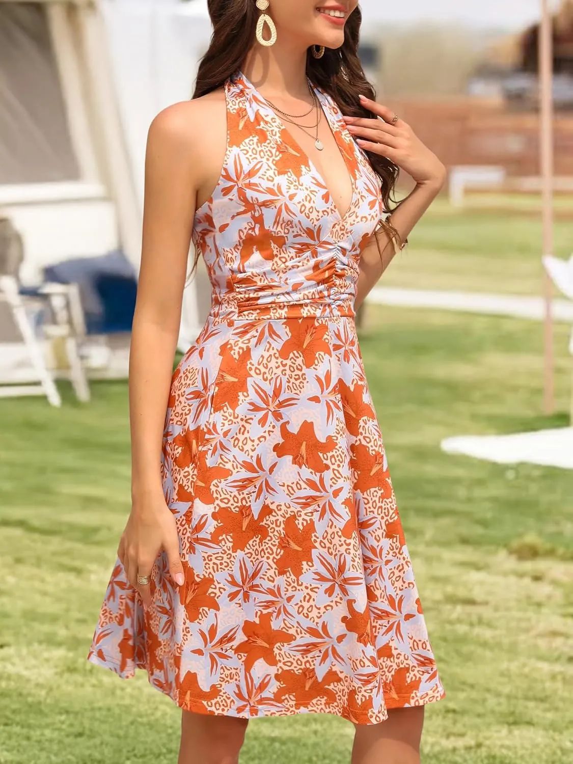 HUHOT Women's Summer Sundress Sleeveless Halter Neck Spring 2025 Floral with Pocket Elastic Waist Ruffle Mini Dresses