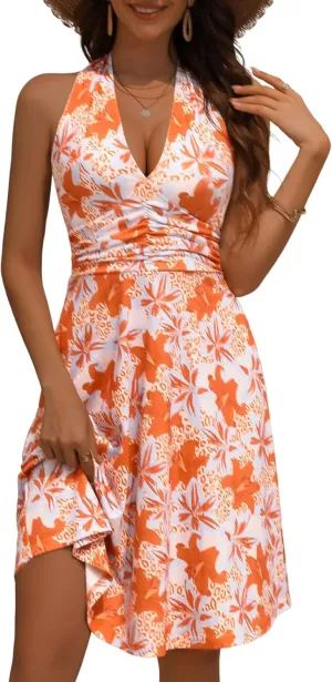 HUHOT Women's Summer Sundress Sleeveless Halter Neck Spring 2025 Floral with Pocket Elastic Waist Ruffle Mini Dresses
