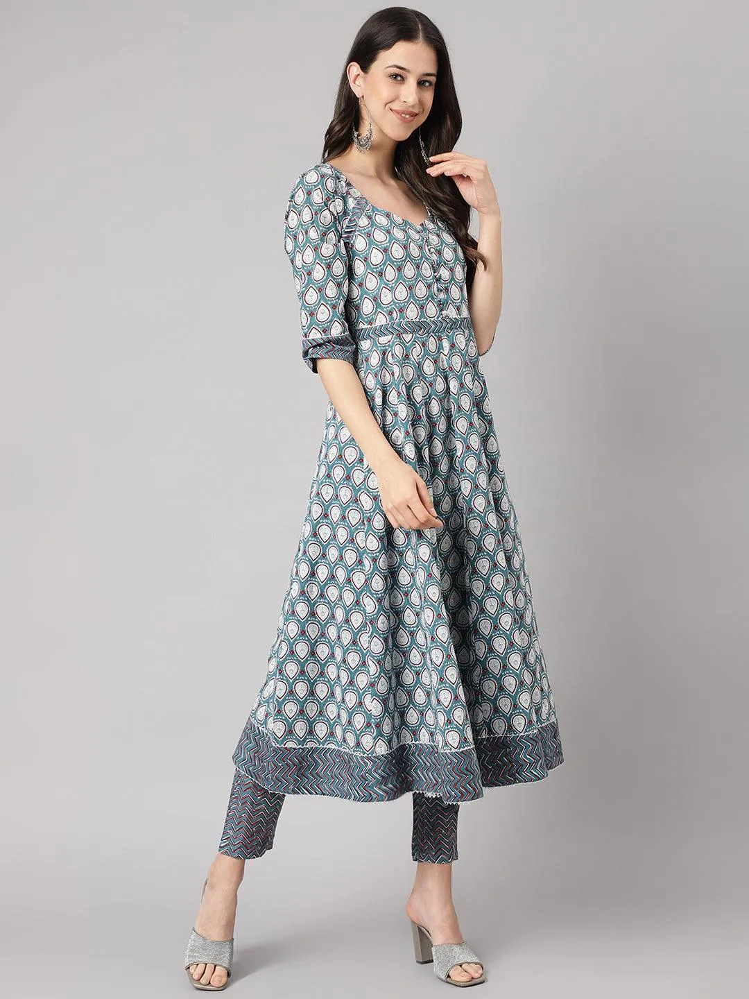Jashvi Turquoise Blue Cotton Anakali Kurta pant set with Dupatta