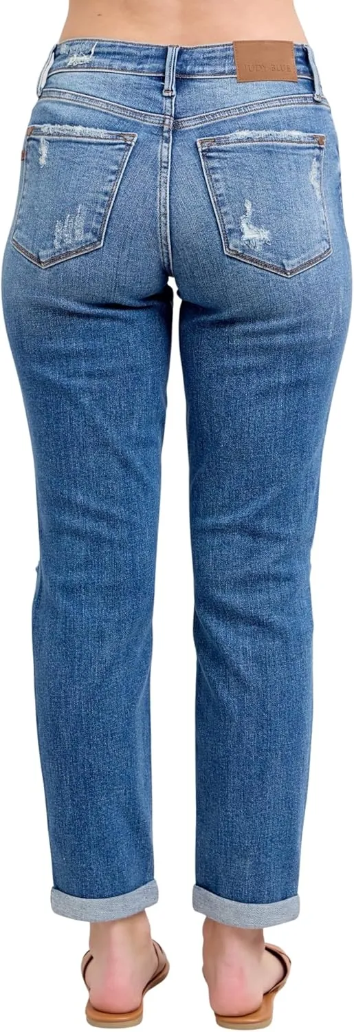 Judy Blue Women's Mid-Rise Vintage Wash Cuffed Destroyed Boyfriend Jeans