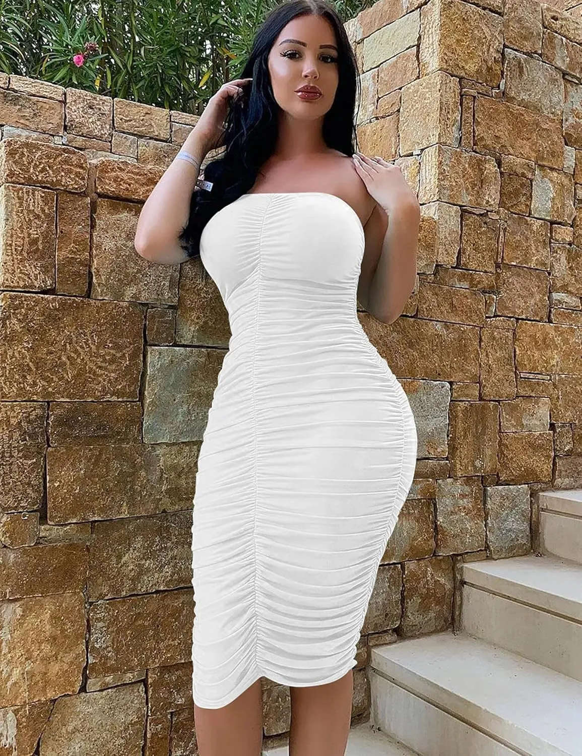 Mizoci Women's Sexy Ruched Bodycon Strapless Tube Top Club Party Midi Dress
