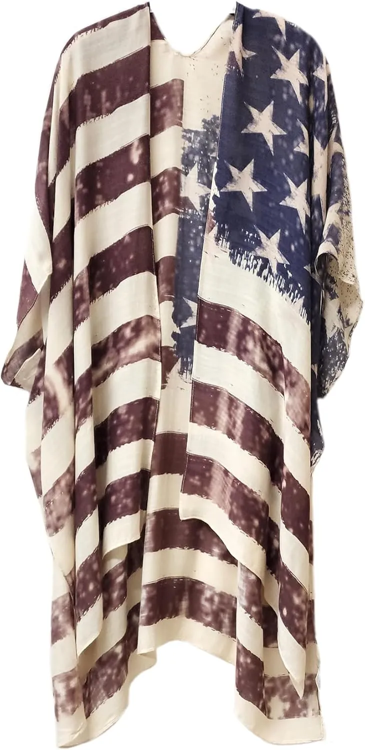 Modena Women's American Flag Printed Duster Beach Cover Up Kimono Topper