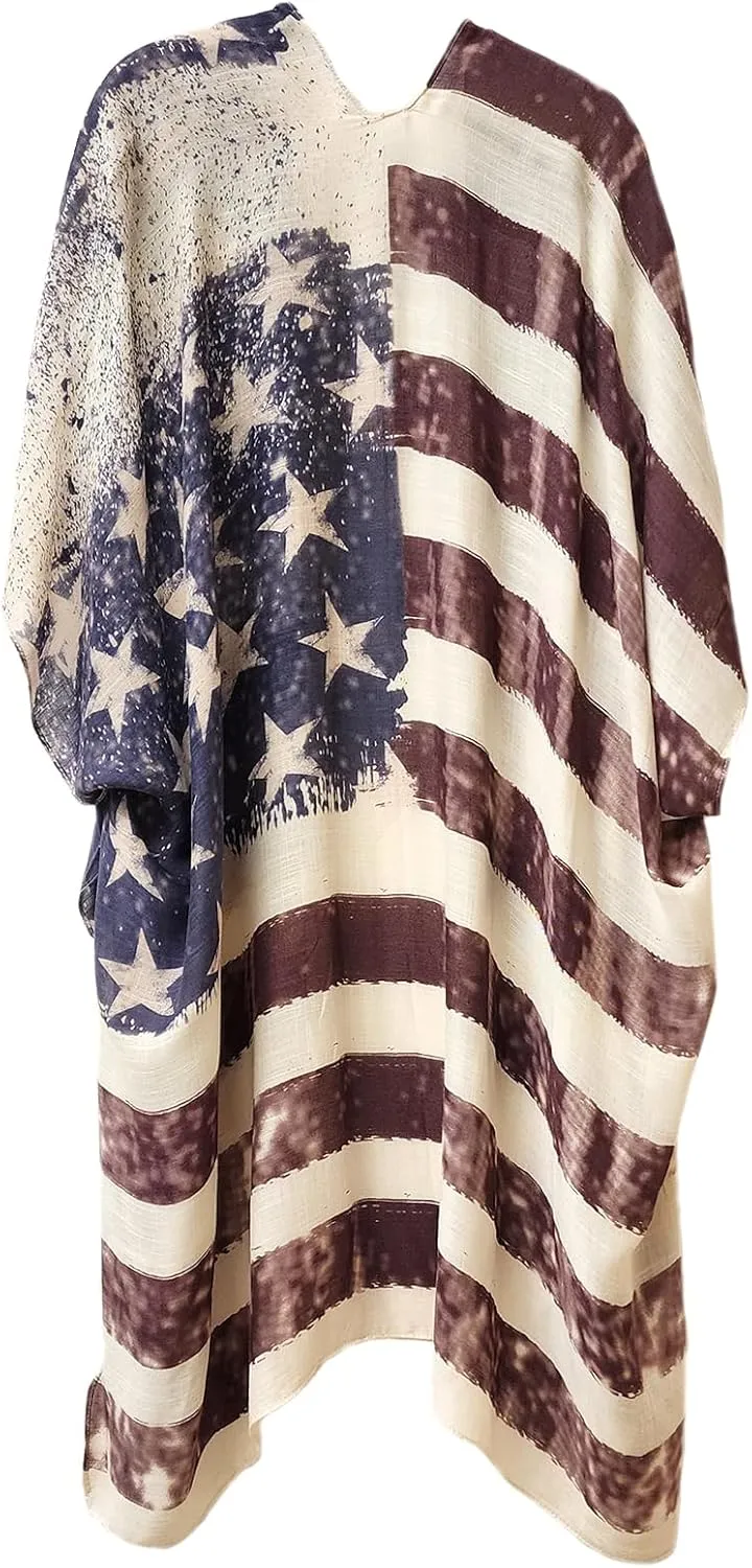 Modena Women's American Flag Printed Duster Beach Cover Up Kimono Topper