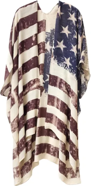 Modena Women's American Flag Printed Duster Beach Cover Up Kimono Topper