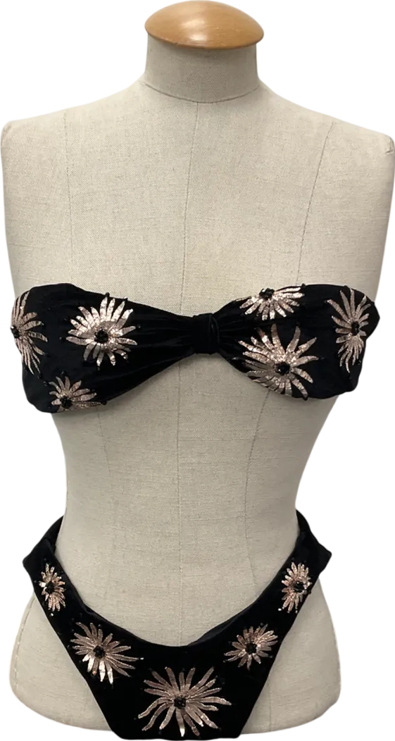 ocean swim Black Embroidered Sequin Bandeau Bikini Top And Bottoms UK XS/S