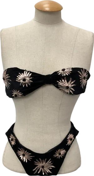 ocean swim Black Embroidered Sequin Bandeau Bikini Top And Bottoms UK XS/S