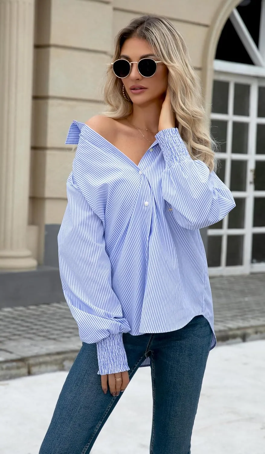 OMSJ Womens Striped Button Down Shirts Smocked Cuffed Sleeve Stylish Collared Office Work Blouses with Pocket