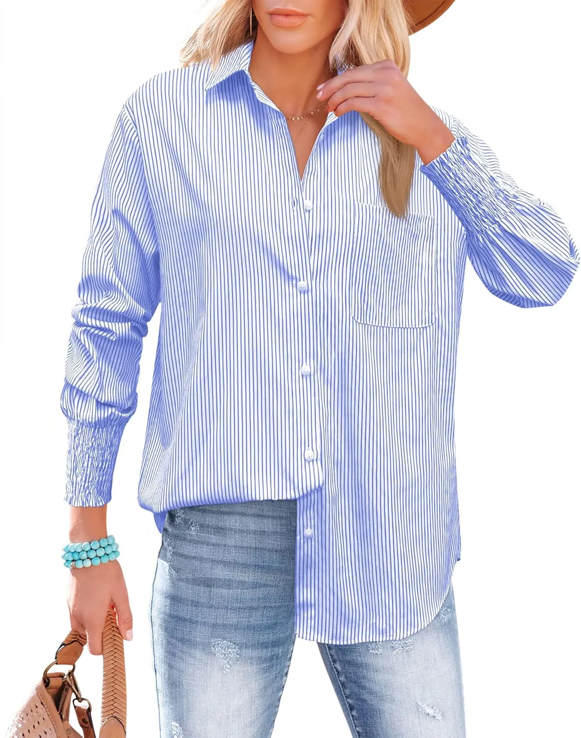 OMSJ Womens Striped Button Down Shirts Smocked Cuffed Sleeve Stylish Collared Office Work Blouses with Pocket