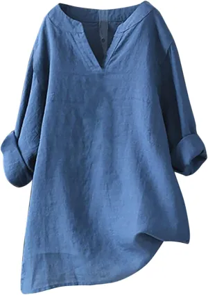 Oversized Crew Neck Linen Tops for Women Sleeve Collar Long Casual Women Shirt Women's Blouse Women's Swimwear Cover