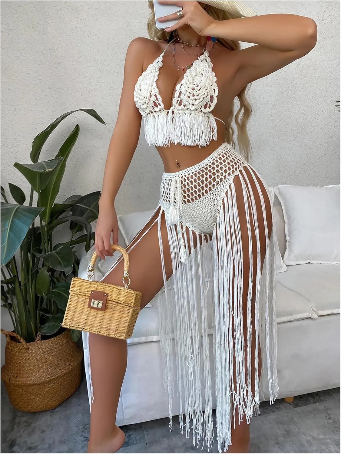OYOANGLE Women's 2 Piece Beach Cover Up Sets Crochet Fringe Trim Swimsuits Coverups Summer Swimwear