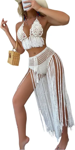 OYOANGLE Women's 2 Piece Beach Cover Up Sets Crochet Fringe Trim Swimsuits Coverups Summer Swimwear