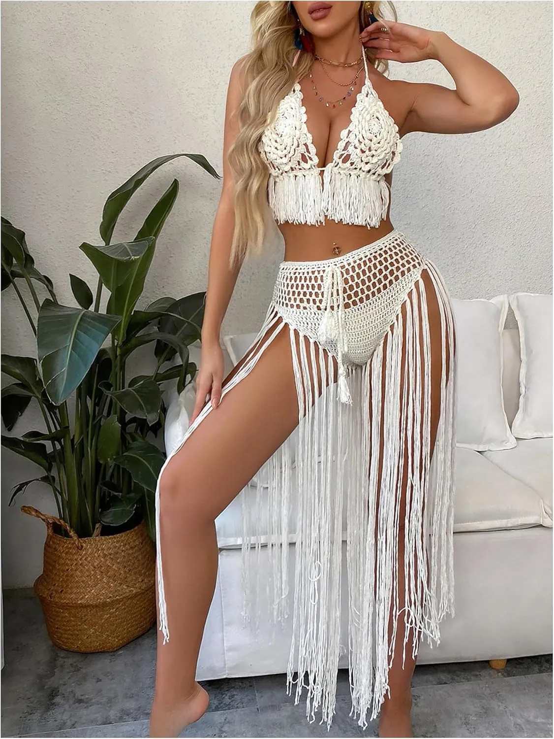 OYOANGLE Women's 2 Piece Beach Cover Up Sets Crochet Fringe Trim Swimsuits Coverups Summer Swimwear
