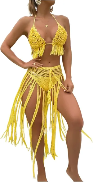 OYOANGLE Women's 2 Piece Beach Cover Up Sets Crochet Fringe Trim Swimsuits Coverups Summer Swimwear