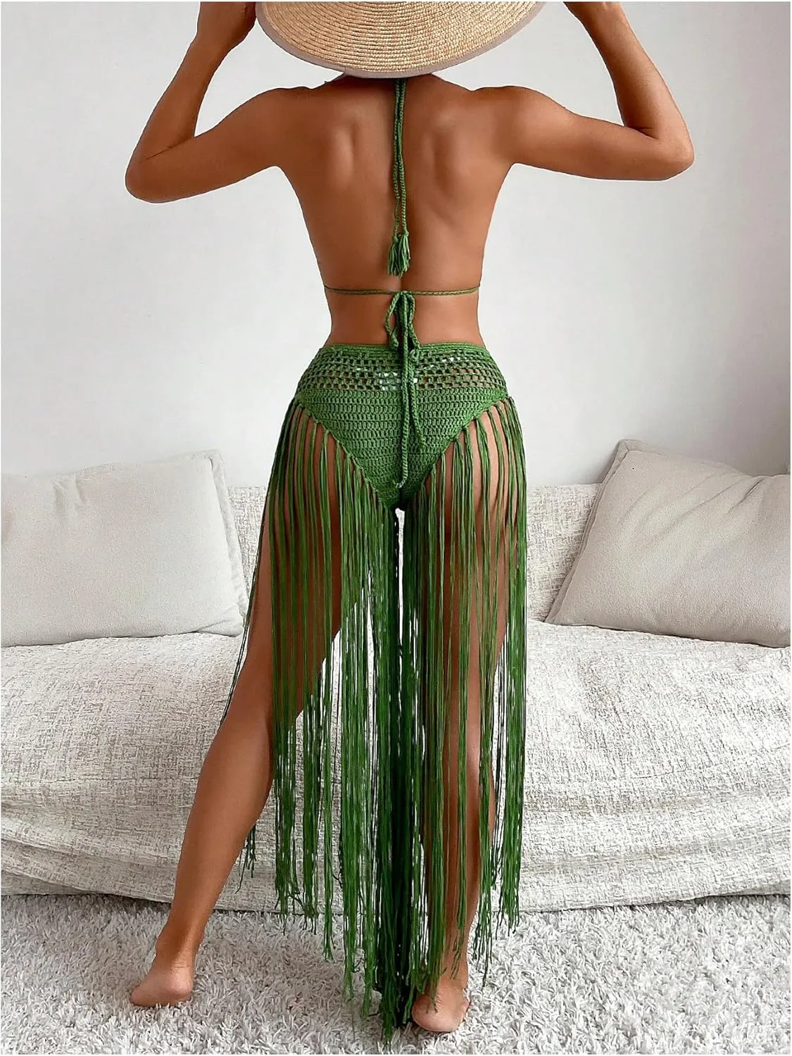 OYOANGLE Women's 2 Piece Beach Cover Up Sets Crochet Fringe Trim Swimsuits Coverups Summer Swimwear