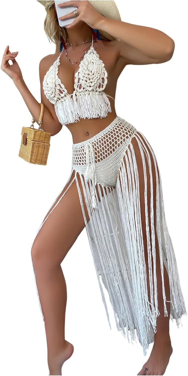 OYOANGLE Women's 2 Piece Beach Cover Up Sets Crochet Fringe Trim Swimsuits Coverups Summer Swimwear