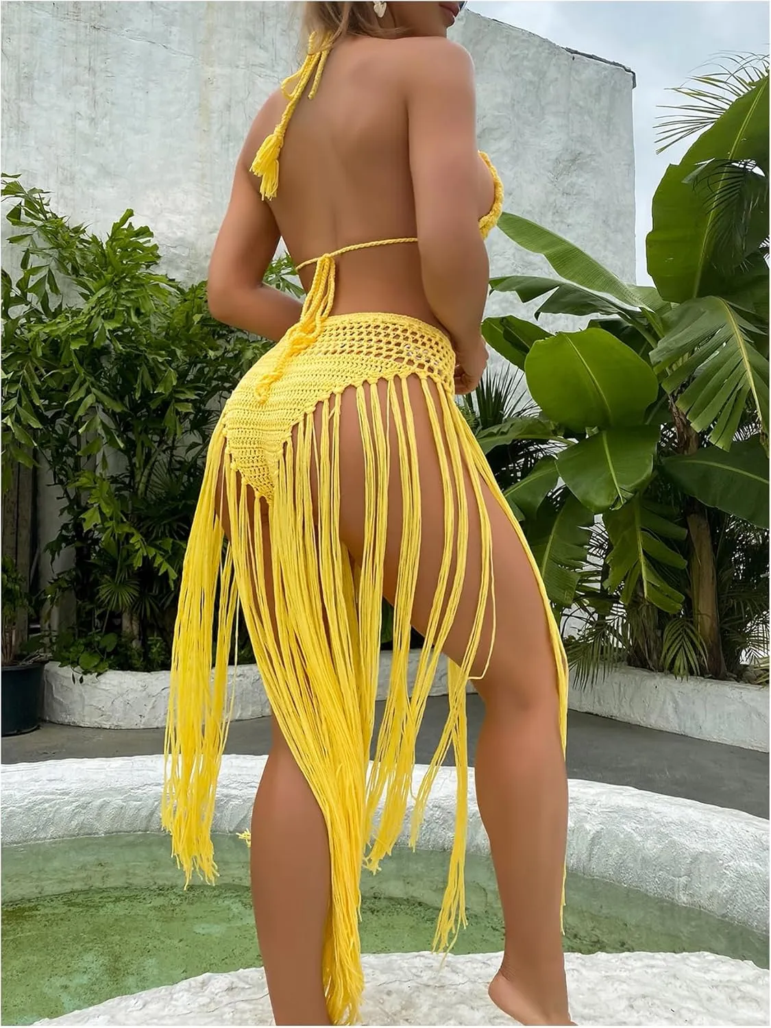 OYOANGLE Women's 2 Piece Beach Cover Up Sets Crochet Fringe Trim Swimsuits Coverups Summer Swimwear