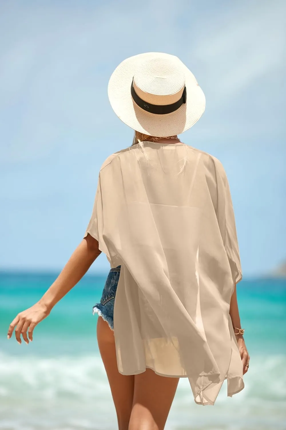 Pinup Fashion Kimono Cover Ups Swimwear Women - Cardigan Sheer Swimsuit Chiffon Open Front Coverup