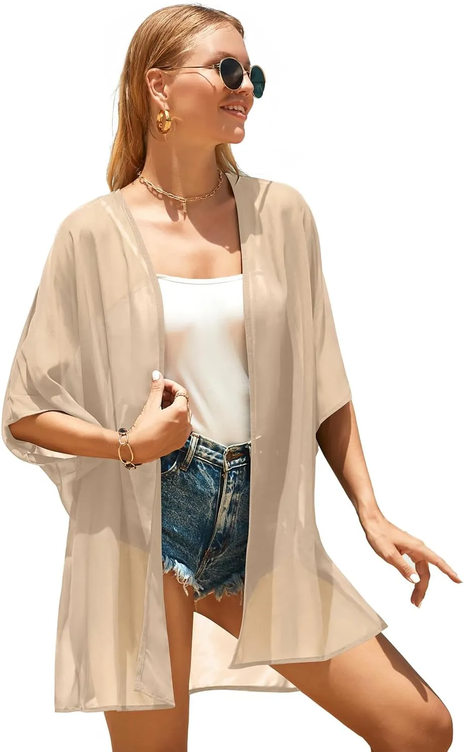 Pinup Fashion Kimono Cover Ups Swimwear Women - Cardigan Sheer Swimsuit Chiffon Open Front Coverup