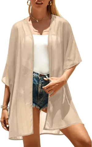 Pinup Fashion Kimono Cover Ups Swimwear Women - Cardigan Sheer Swimsuit Chiffon Open Front Coverup