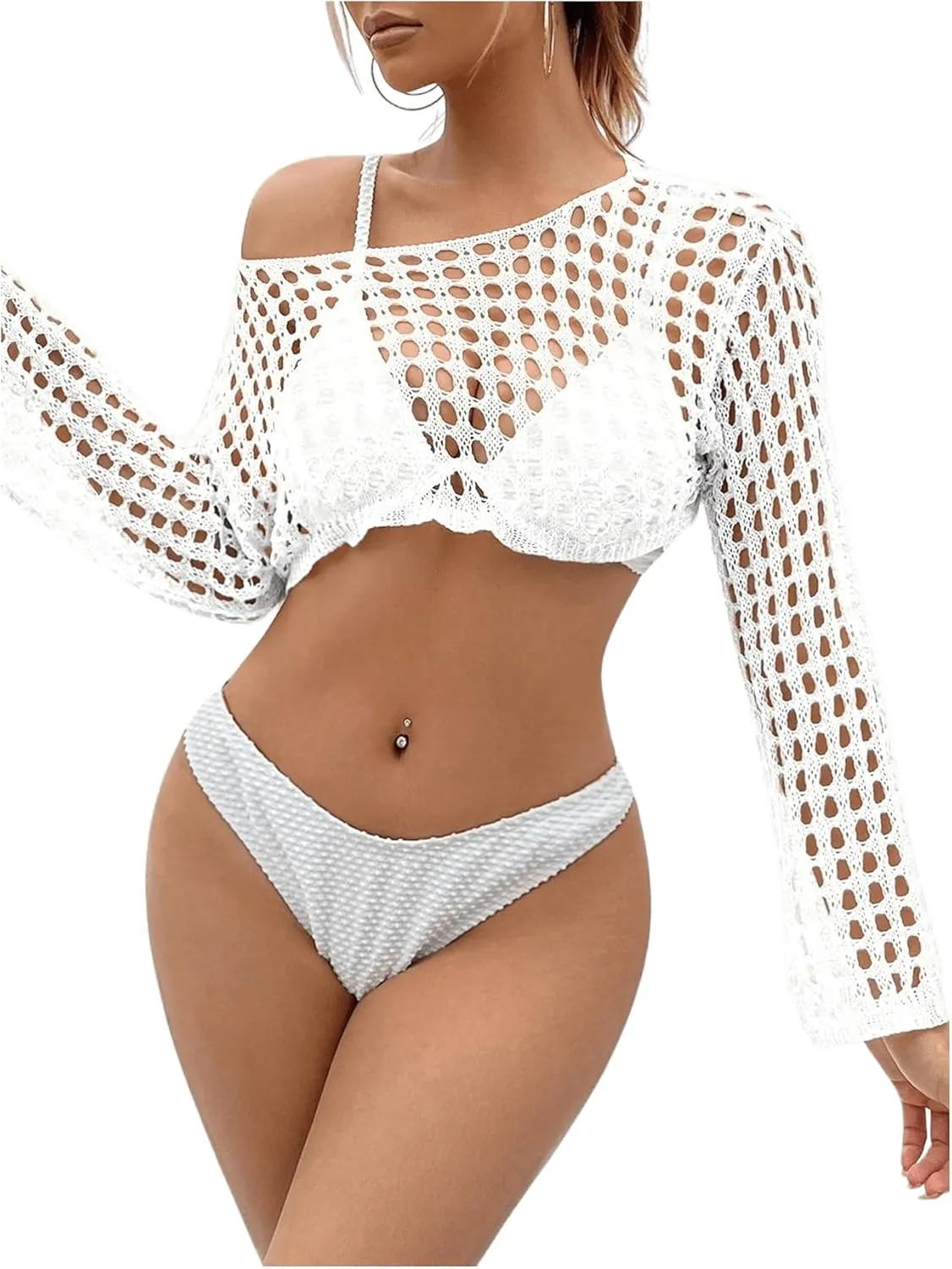 SHENHE Women's Hollow Out Crochet Beach Cover Up Sheer Long Sleeve Crop Beach Top