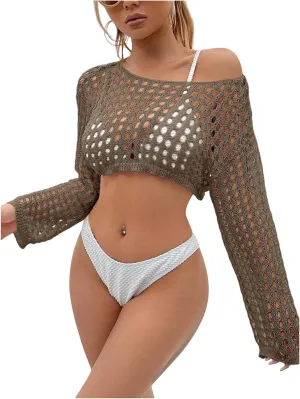 SHENHE Women's Hollow Out Crochet Beach Cover Up Sheer Long Sleeve Crop Beach Top