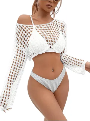 SHENHE Women's Hollow Out Crochet Beach Cover Up Sheer Long Sleeve Crop Beach Top