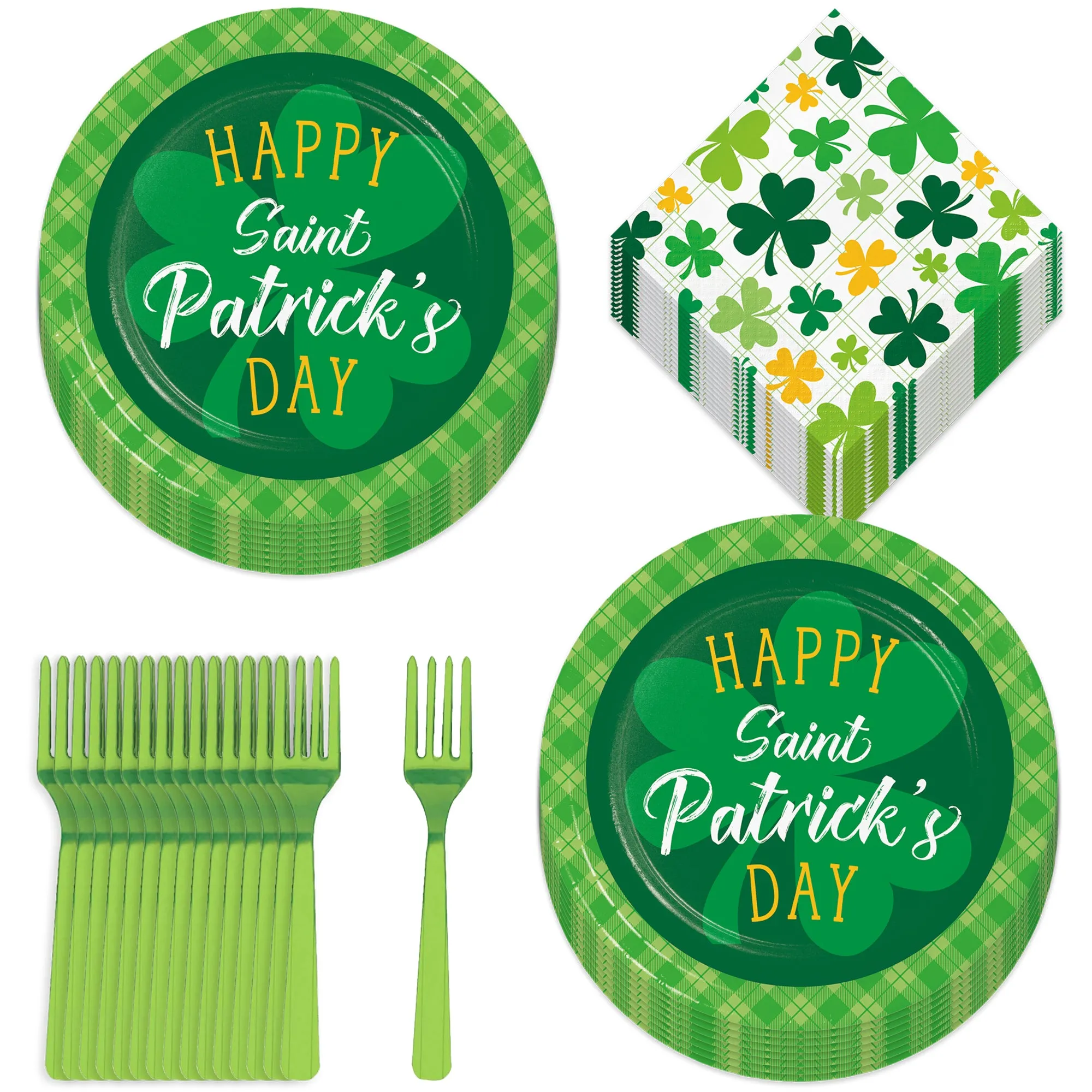 St. Patrick's Day Green & Yellow Shamrock Dinner Plates, Lunch Napkins, and Forks