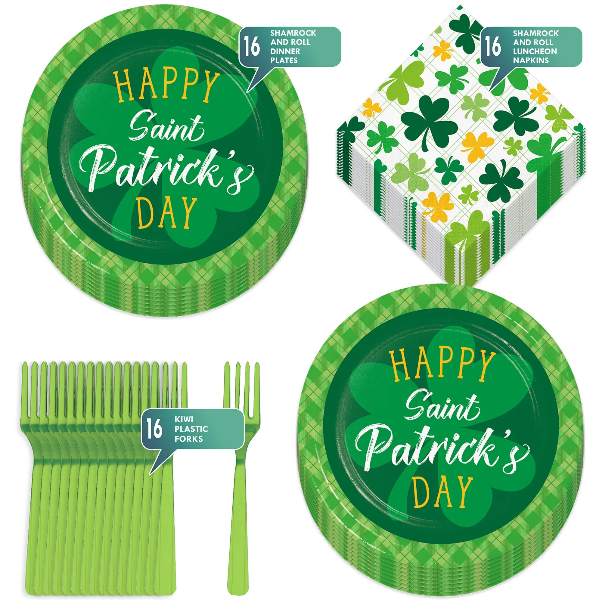 St. Patrick's Day Green & Yellow Shamrock Dinner Plates, Lunch Napkins, and Forks