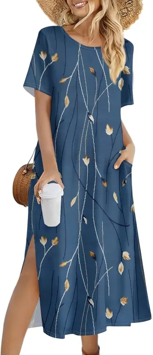 Summer Dresses for Women 2025 Beach Vacation Spring Clothes Short Sleeve Round Neck Maxi Dresses