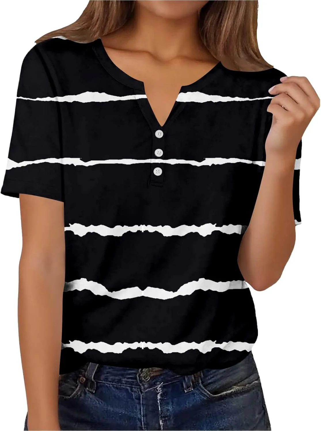 Summer Graphic Tees for Women Short Sleeve Fashion Tops Henley V Neck T Shirts Loose Fit Vacation Tshirt Casual Blouse