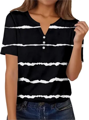 Summer Graphic Tees for Women Short Sleeve Fashion Tops Henley V Neck T Shirts Loose Fit Vacation Tshirt Casual Blouse