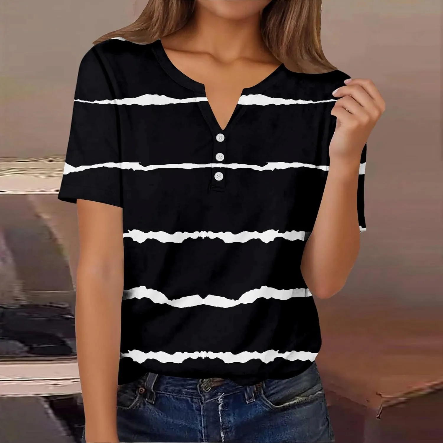 Summer Graphic Tees for Women Short Sleeve Fashion Tops Henley V Neck T Shirts Loose Fit Vacation Tshirt Casual Blouse