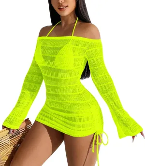 Summer Women's Sexy Mesh Hollow Out Off Shoulder Bathing Suit Coverups Long Bell Sleeve Ruched Drawstring Swimsuit