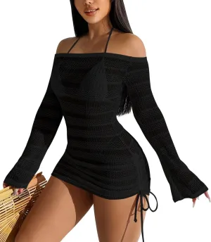 Summer Women's Sexy Mesh Hollow Out Off Shoulder Bathing Suit Coverups Long Bell Sleeve Ruched Drawstring Swimsuit