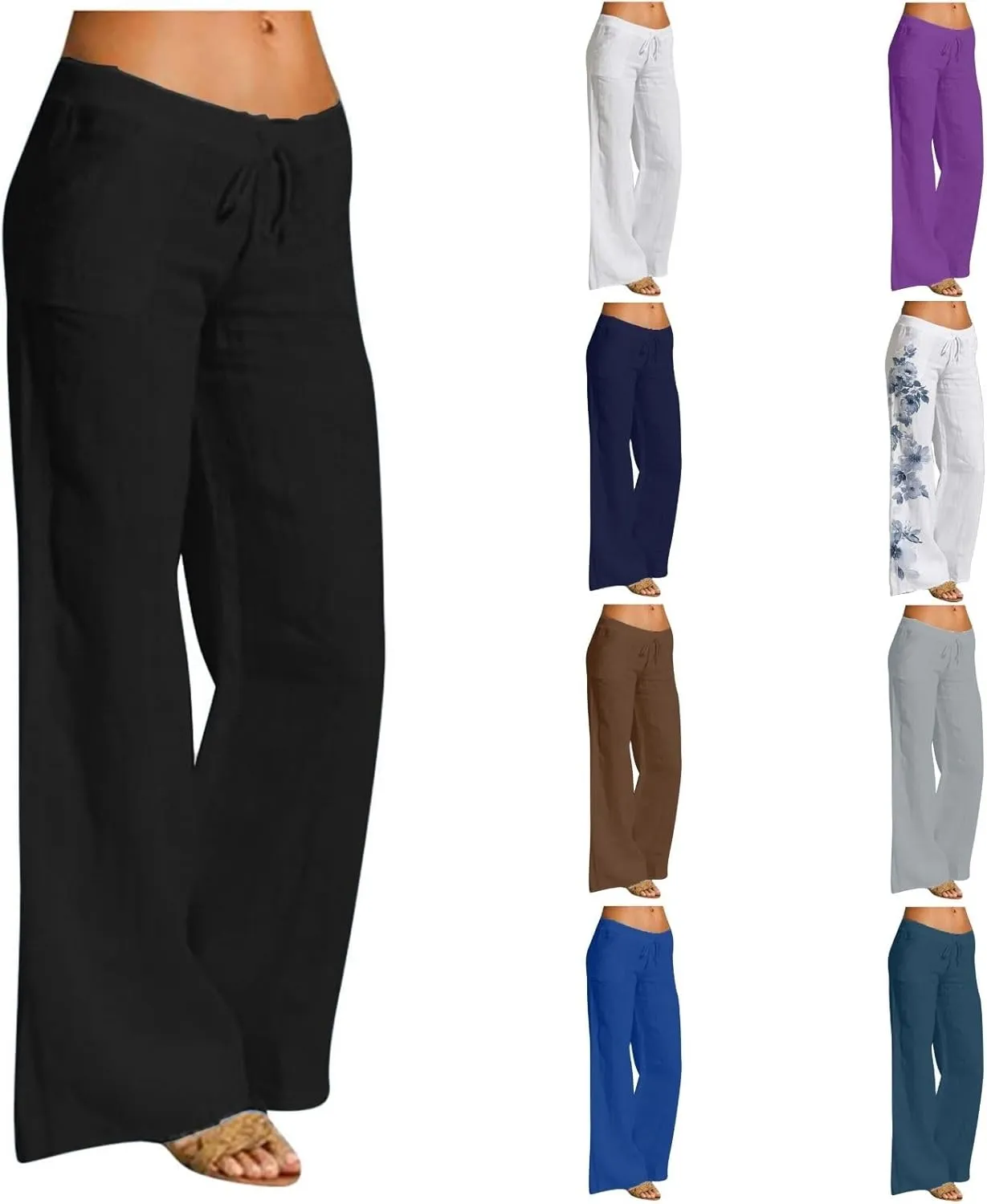 Women Linen Pants 2025 Summer Wide Leg Drawstring High Waisted Palazzo Pants Prints Flowy Beach Trousers with Pockets
