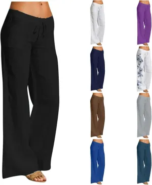 Women Linen Pants 2025 Summer Wide Leg Drawstring High Waisted Palazzo Pants Prints Flowy Beach Trousers with Pockets