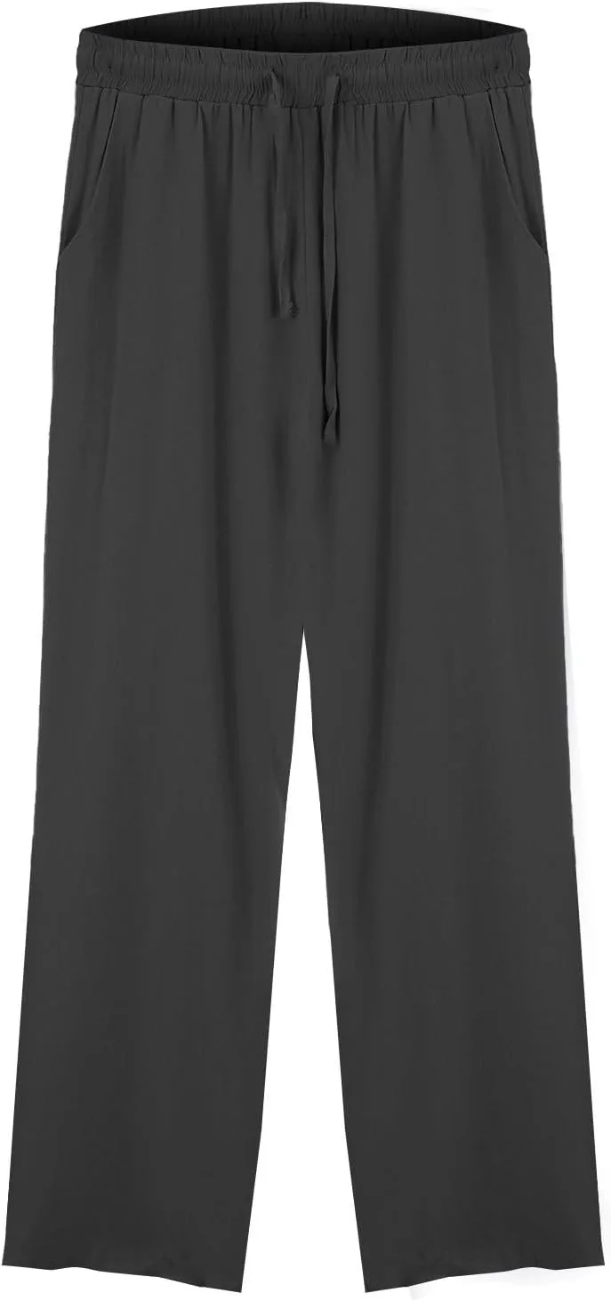 Women Linen Pants 2025 Summer Wide Leg Drawstring High Waisted Palazzo Pants Prints Flowy Beach Trousers with Pockets