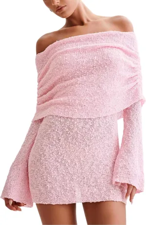 Women's Beach Cover Ups Dress Off Shoulder Bell Sleeve Sexy Summer Vacation Swimwear Bodycon Cover-ups