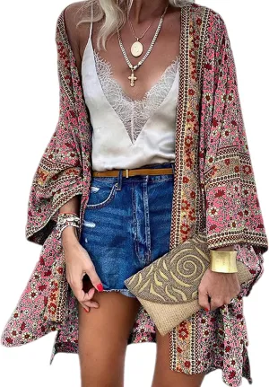 Women's Boho Long Kimono Cardigans Lightweight Beach Bathing Suit Cover Ups Casual Long Sleeve Tops