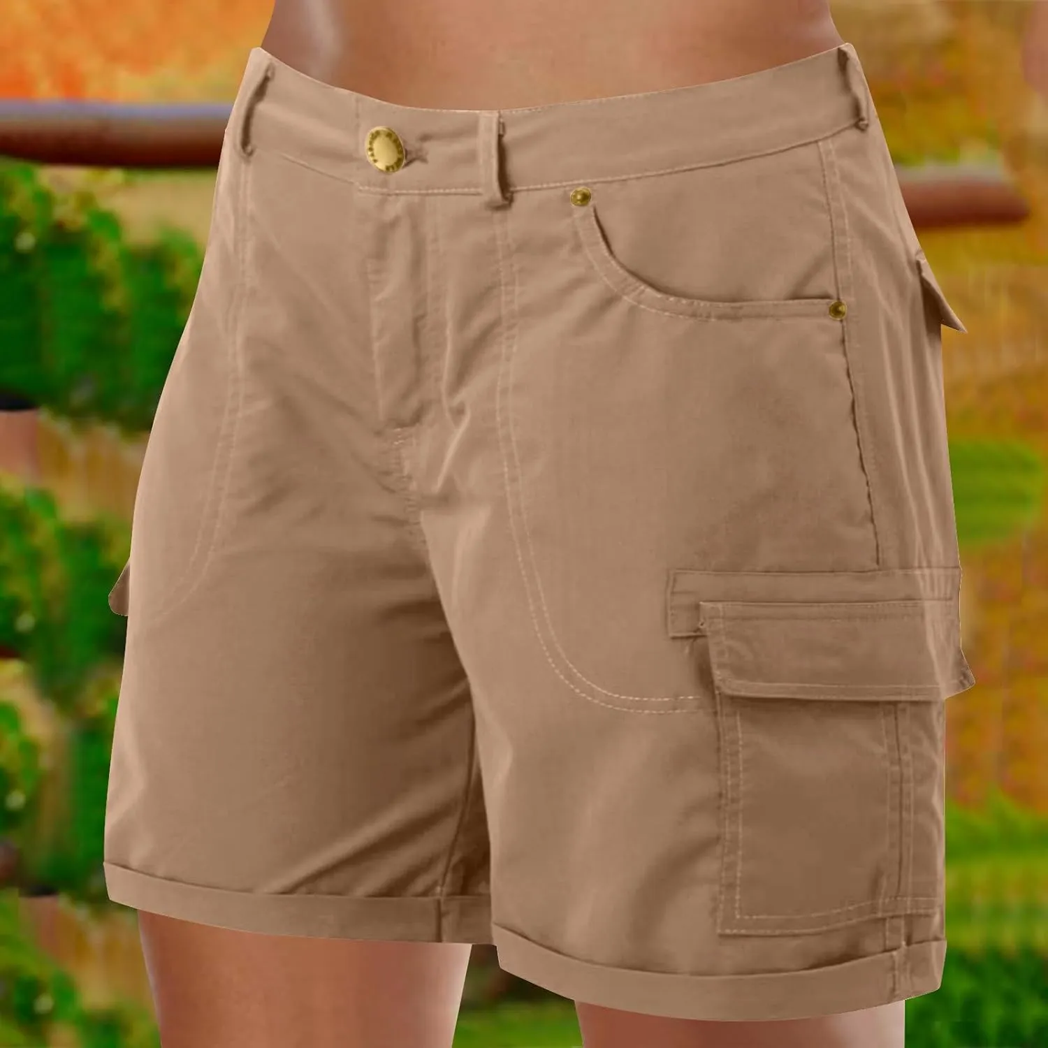 Women's Cargo Shorts Summer High Waist Outdoor Hiking Short Pants with Pockets Loose Fit Button Bermuda Shorts