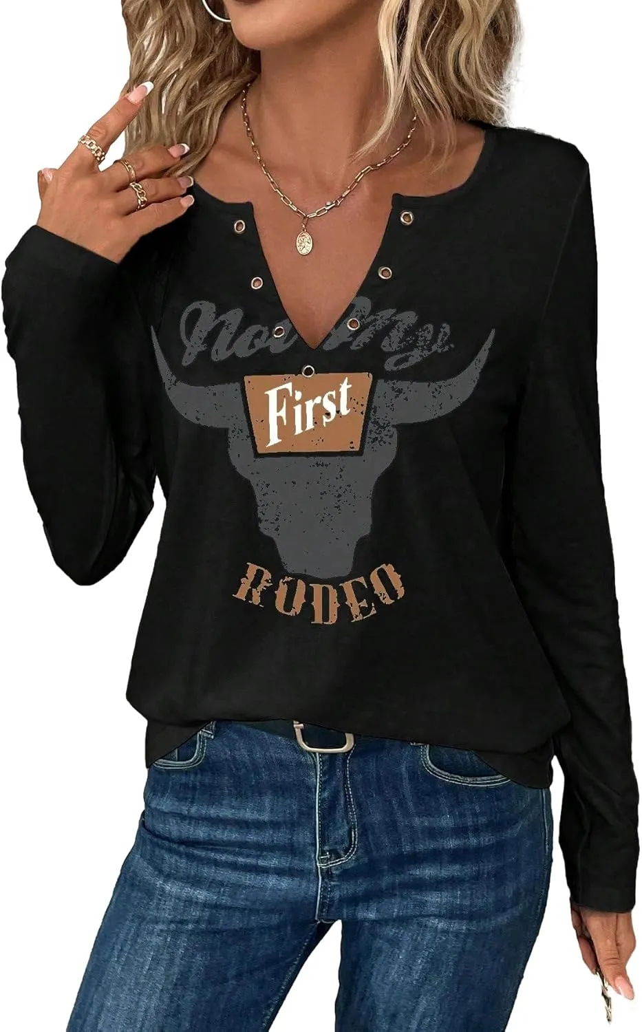 Women's Cowboy Shirt Country Concert Outfit Cute Western Graphic Tee Casual Notched Neck Long Sleeve Top